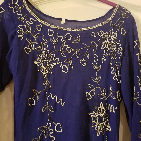 Royal Blue Chiffon Top w/ Pearl work - Picture 2 of 3